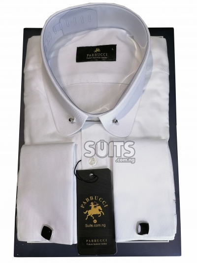 Plain white oxford fabric shirt, vintage club collar with brooch by Pabbucci