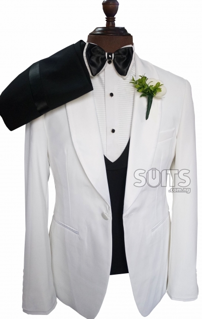Plain White wedding Tux with satin lapel, black waistcoat & trouser