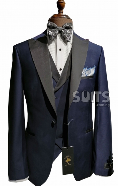 Plain Navyblue 3piece Wedding Tux with Black satin peaked Lapel by Pabbucci