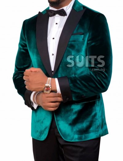 Green velvet Tux with satin black ribboned Tux pant by Pabbucci