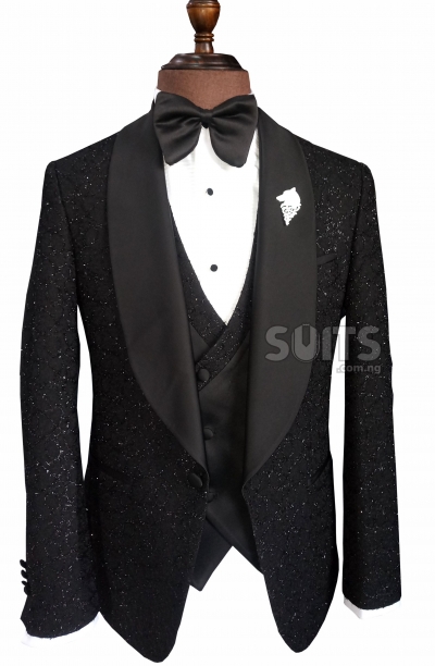Black shiny-glitz Wedding Tux with plain black satin pant by Pabbucci