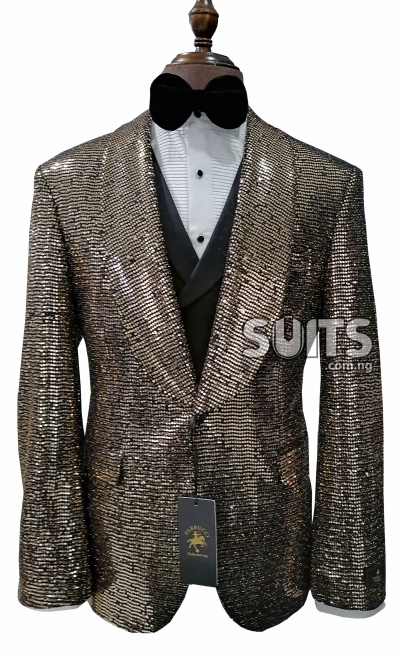 Golden sequence glits Tux with plain black waistcoat and trouser