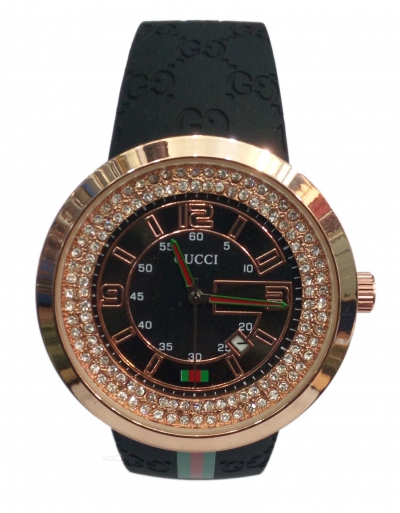 Gucci Rose Gold with Stones Black Rubber Strap