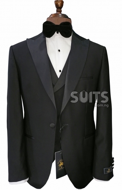 Plain Black 3piece Wedding Tux with Satin Peaked Lapel by Pabbucci